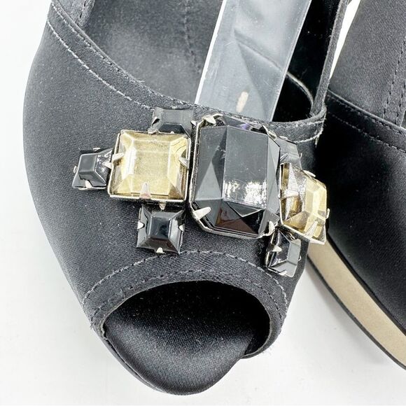 BCBGMaxAzria Black Satin Jeweled‎ Sandals w/Mirrored Platform Cone Heel Sz 8 38 - Picture 5 of 15